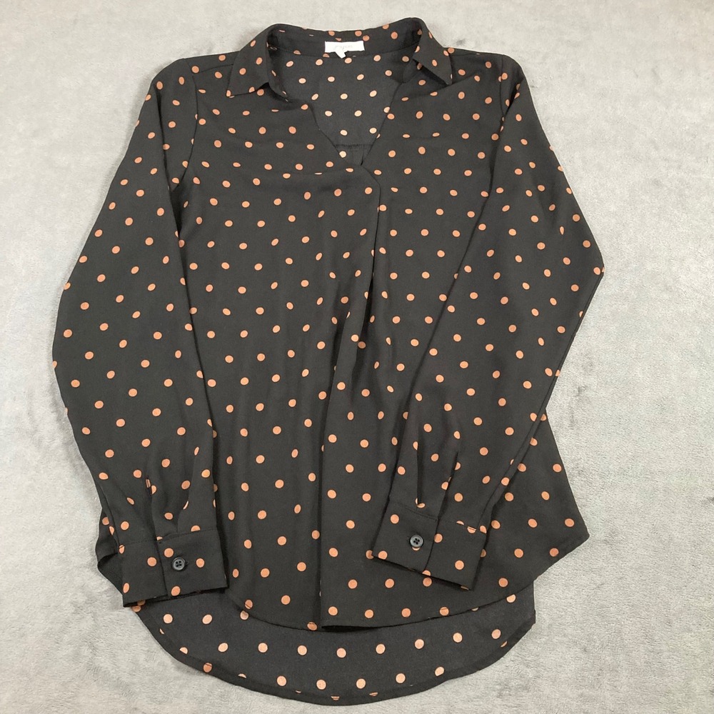 Maurices Womens XS Polka Dot Blouse Black Tan Long Sleeve Split Neck Top